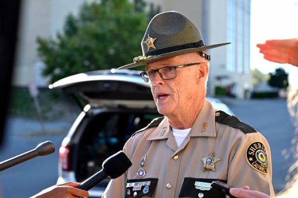 Deputy Gilbert Acciardo, Public information Officer with the Laurel County Sheriff's Office, gives details on the progress of the investigation of the shooting along I-75 in London, Ky., Sunday, Sept. 8, 2024.